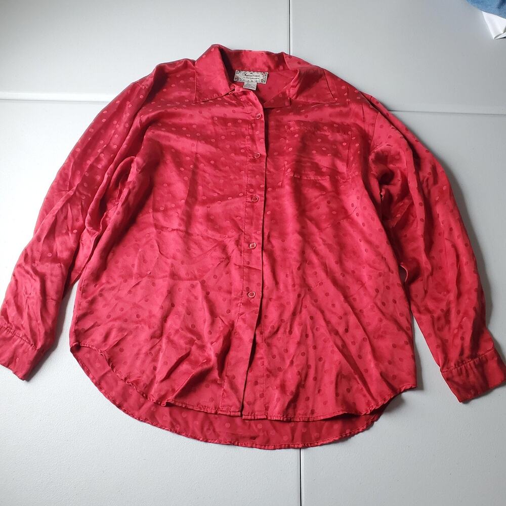 Vintage 90s Jonathan Martin Shirt Womens Large Red Silk Polka Dot Button Up
